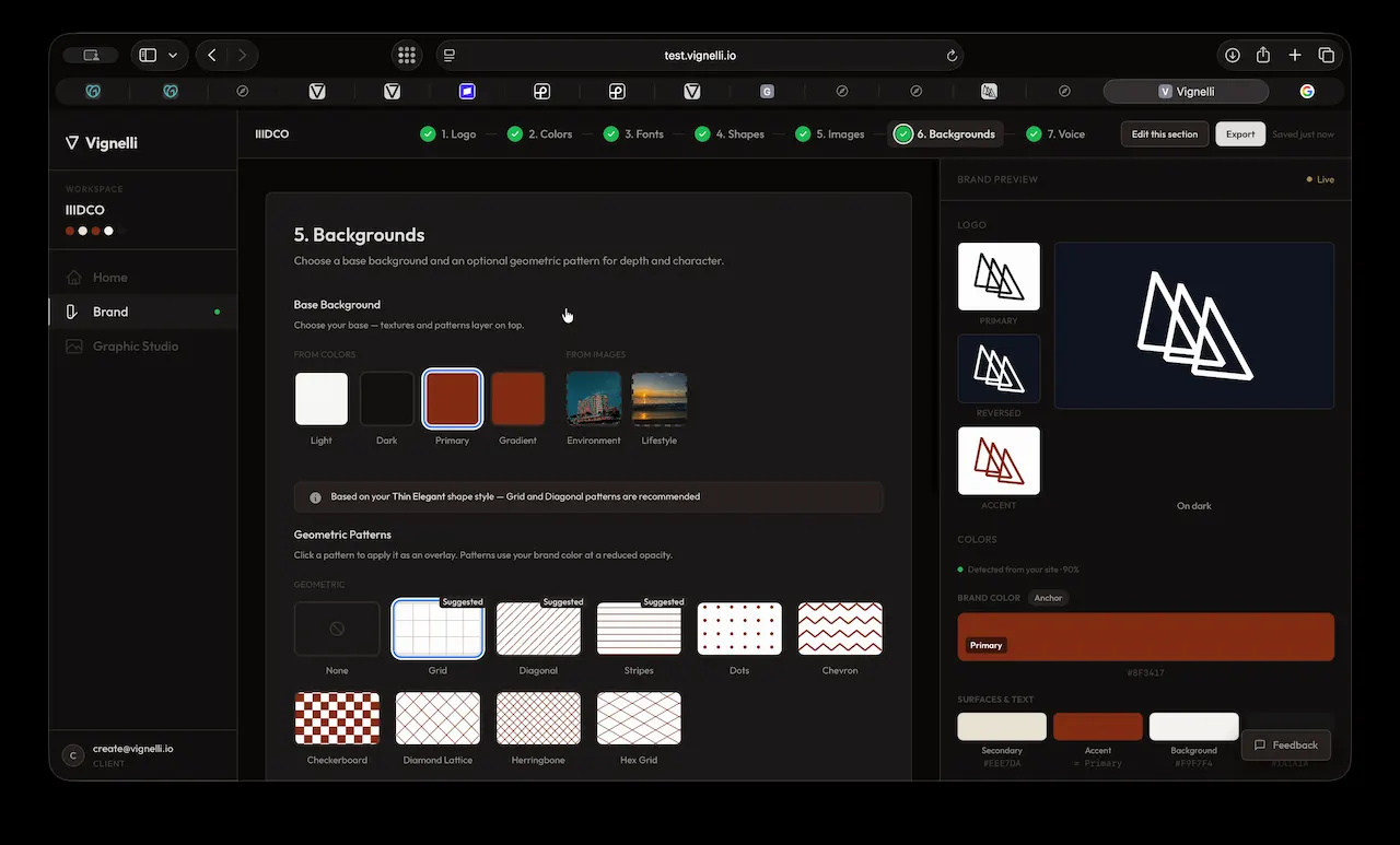 The brand kit editor: backgrounds section with pattern suggestions, and the live brand preview showing logo variants and colors detected from your site