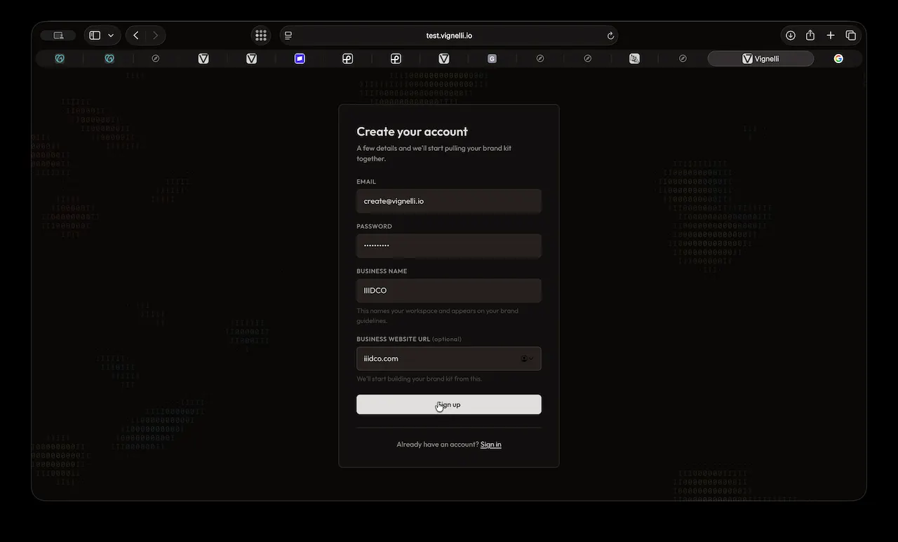 The Vignelli signup screen, filled out for iiidco.com