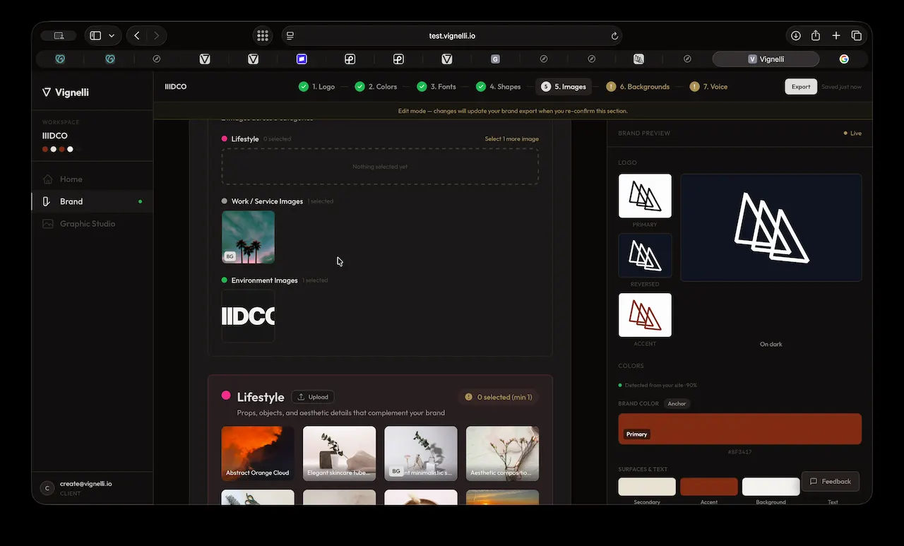 The brand wizard showing extracted logo variants, colors, and images